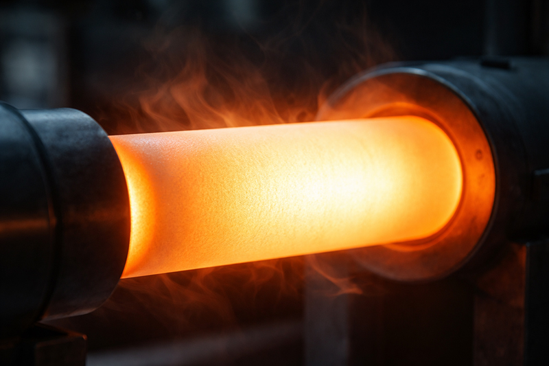 Ceramic tube glowing in high-temperature furnace
