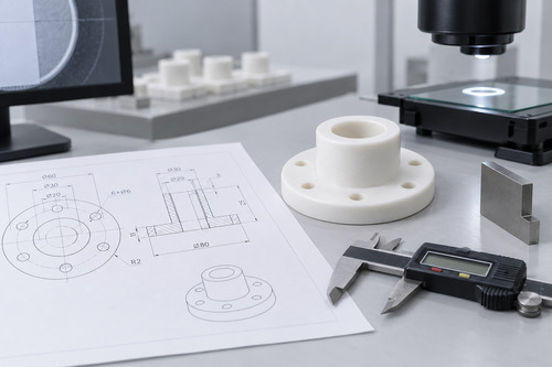 Custom alumina ceramic flange with a technical drawing and dimensional inspection tools