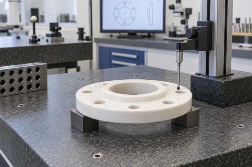 Custom ceramic flange undergoing dimensional inspection on a granite datum surface