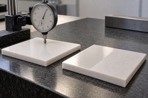Alumina ceramic plates being checked for flatness and surface finish